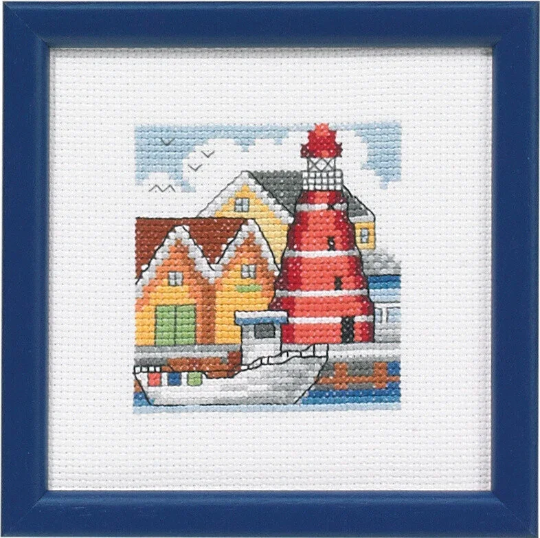 Nyhet Broderikit Röd fyr hamnen 12 x 12 cm