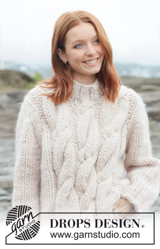 264-33 Ivory Cable Sweater by DROPS Design Kampanjpris