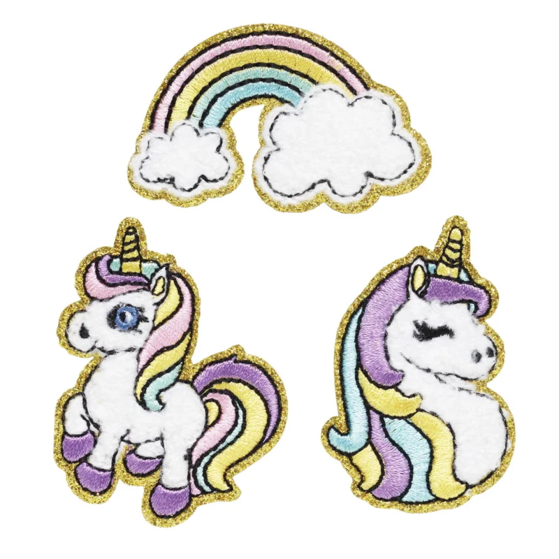 Iron-on tygmärke unicorns 3 st. 2 toksöta enhörningar & 1 regnbåge med guldglitter, 35–50 x 30–50 mm Expressleverans