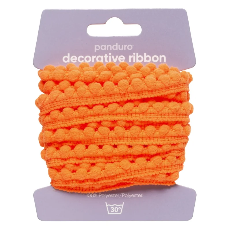 Beställ nu Pompom-band dekorband neonorange, 4 m långt och 10 mm brett