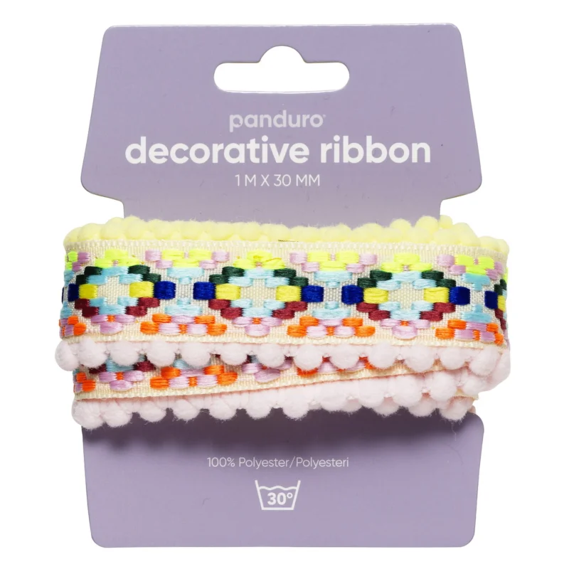 I lager Dekorband med rosa & gula pompoms 1 m långt, 30 mm brett