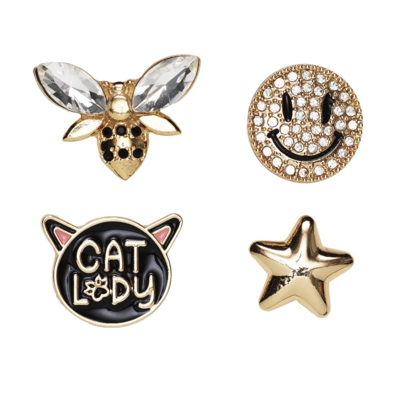 Pins, badges, 4 st. guldiga, svarta & blingiga små mini-broscher Extra rabatt