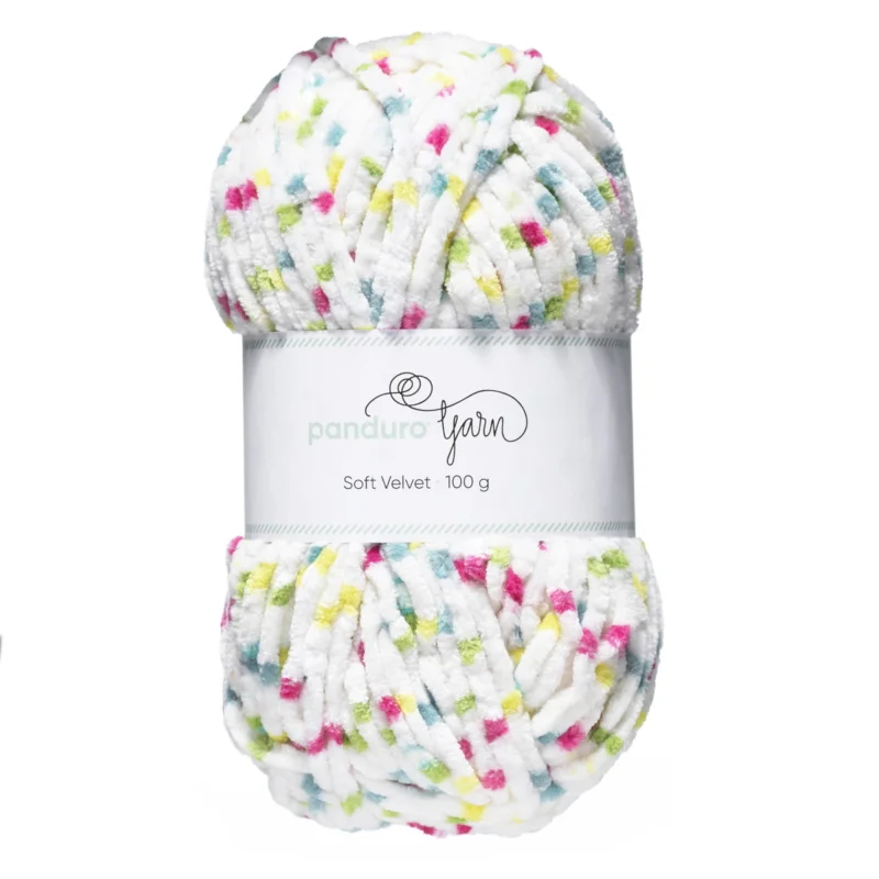 Premium Garn Popkorn Velvet 100g neon prick – vitt garn med massor av lekfulla färgprickar