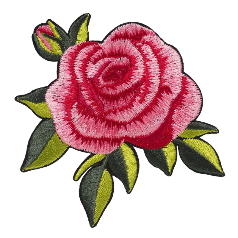 Utförsäljning Iron-on tygmärke stor och glänsande rosa ros med gröna blad, 70x75 mm