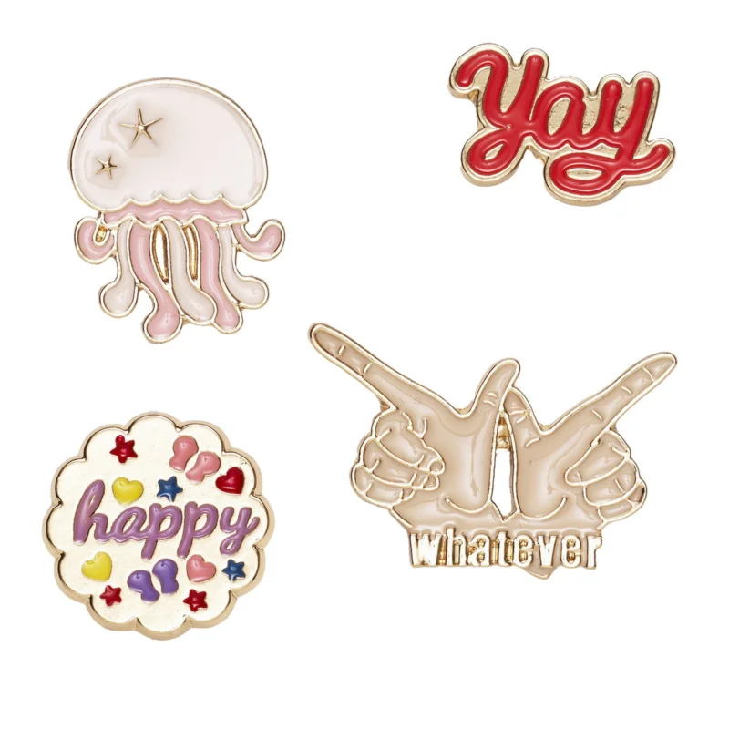 Bästa pris Pins, badges, 4 st. guldiga & färgglada små mini-broscher med attityd och en manet!