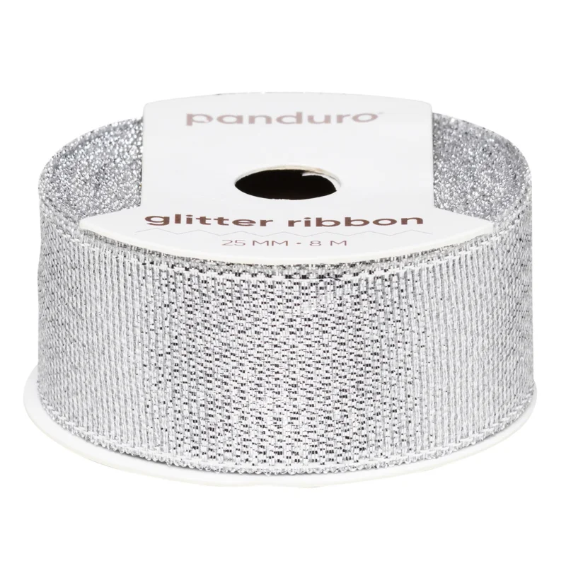Silvrigt glitterband – 25 mm brett och 8 meter långt Begränsad tid