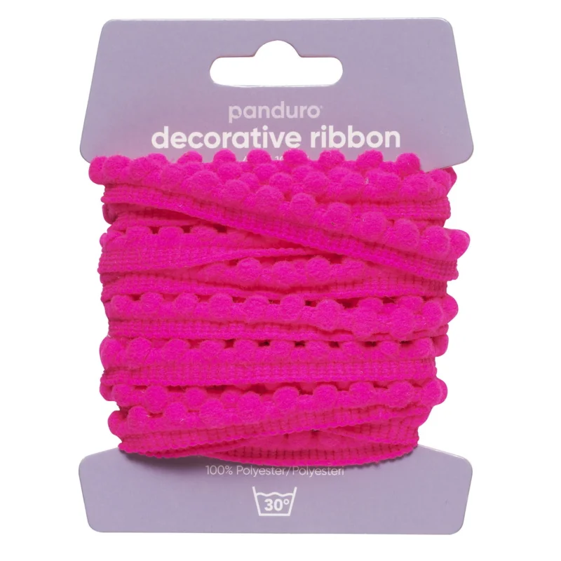 Fri frakt Pompom-band dekorband cerise, 4 m långt och 10 mm brett