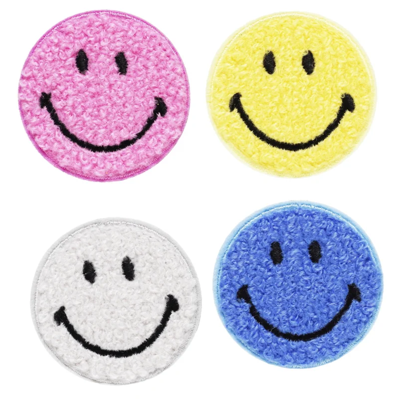 Iron-on tygmärke smileys 4 st. Fluffiga frotté-smileys, Ø40 mm Premium