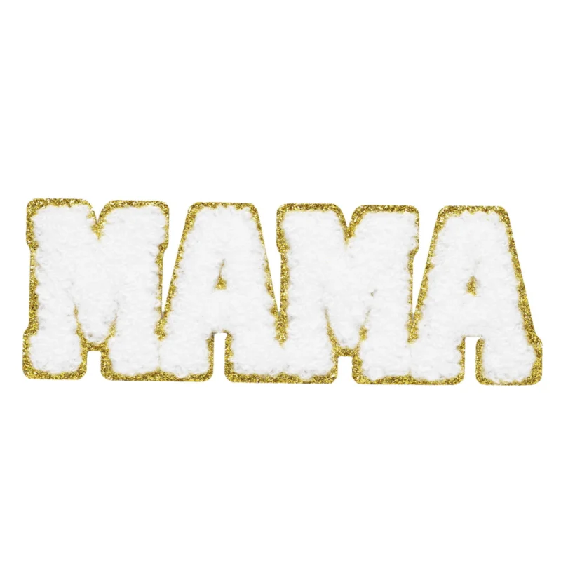Iron-on tygmärke MAMA i fluffiga frottébokstäver med glittrande guldkant! 110x40 mm Billig