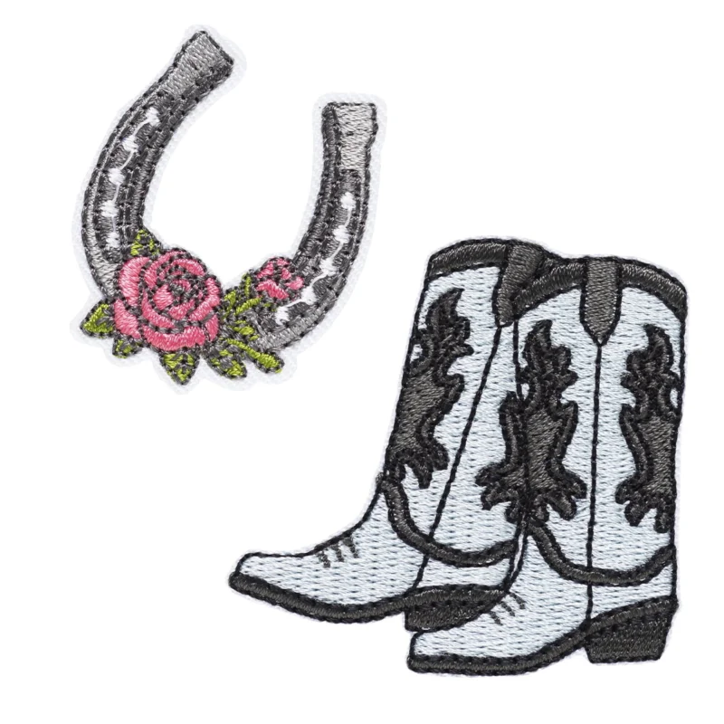Rabatter Iron-on tygmärke 2 st. Cowboyboots 55x55 mm & hästsko med blomma 35x40 mm