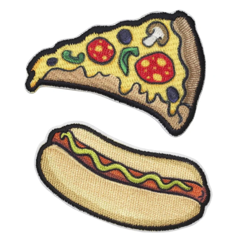 Iron-on tygmärke pizza och korv, 65x45 mm/65x30 mm Rea