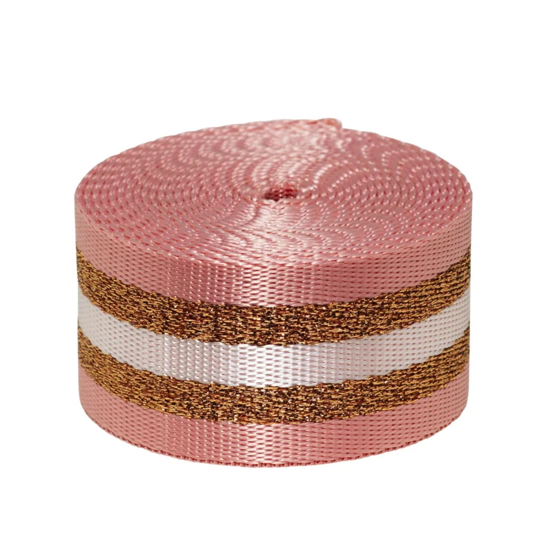 Väskrem, rosa med dubbla gnistrande guldränder, längd 250 cm, bredd 3,8cm Beställ idag