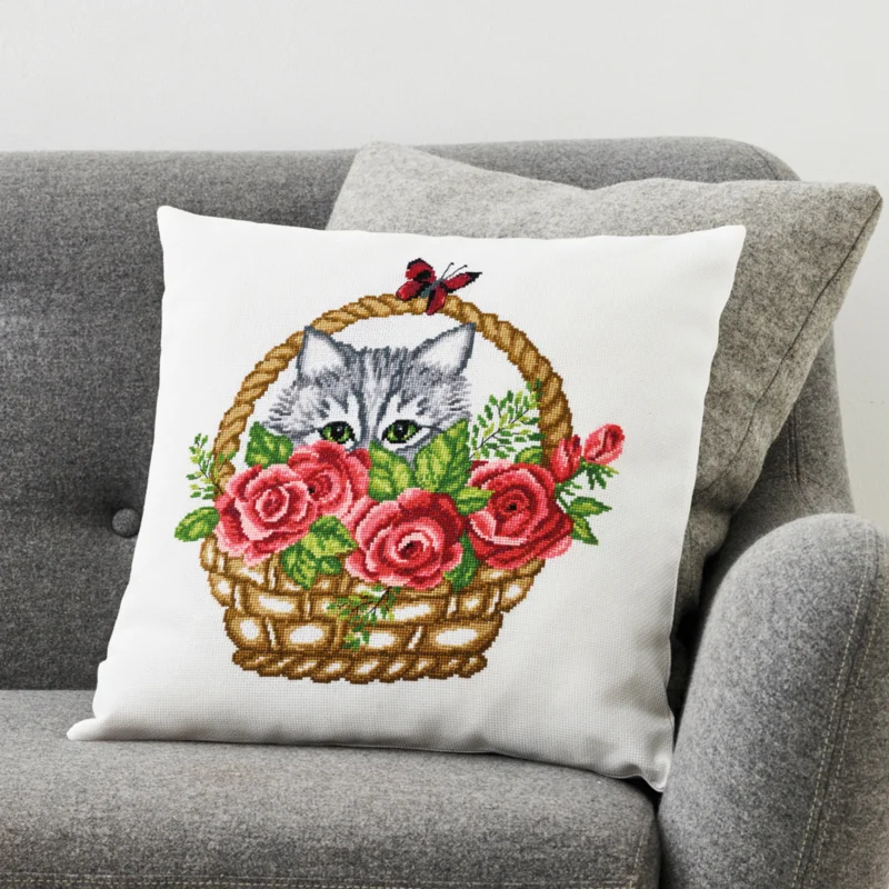 Korsstygnsbroderi katt i blomsterkorg Lägg i varukorgen