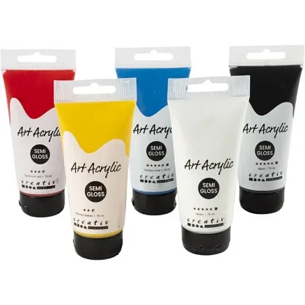 Premium Akrylfärg, grundfärger, halvblank, mixade färger, 5x75 ml/ 1 förp.