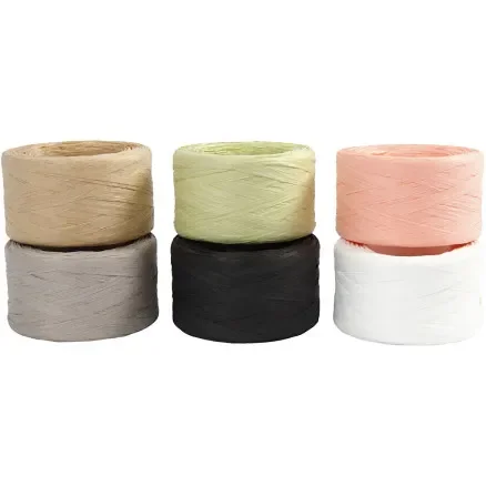 Populärt val Raffia Pappersgarn, B: 7-8 mm, mixade färger, 6x100 m/ 1 förp.