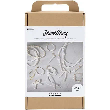 risnedsättning DIY Mix Smycken, Halsband, armband, örhängen, förgylld, vit, pärlemor, 1 förp.