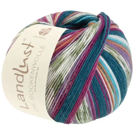 Kundfavorit Lana Grossa Landlust Sockwolle Garn 710 Mörk/Ecru/Mörk Petrol/Khaki/Plommon/Orange/Orchidy