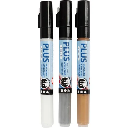 Plus Color Tusch, L: 14,5 cm, spets 1-2 mm, guld, silver, råvit, 5,5 ml, 3 st./ 1 förp. Snabb frakt