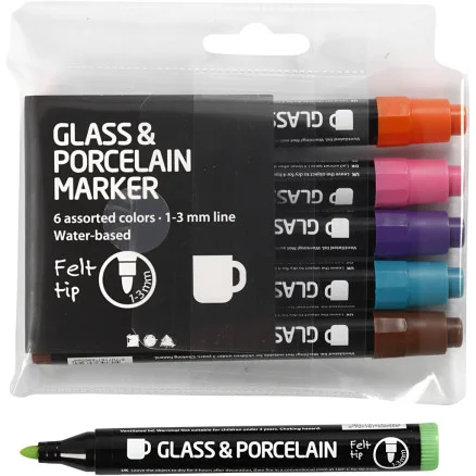 Köp nu Glas- och porslinsmarkör, linje 1-3 mm, halvgenomskinlig, komplementfärger, 6 st / 1 frp.
