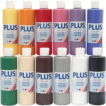 Plus Color Hobbyfärg, standardkulörer, 12x250ml/ 1 frp. risnedsättning