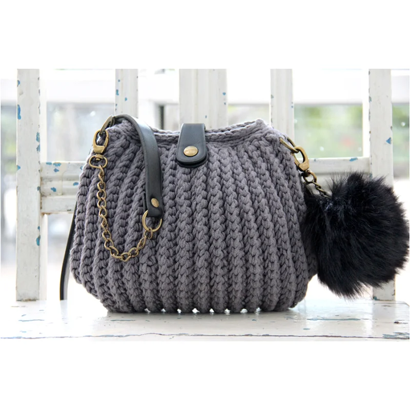 Reapris Materialkit Virka Väska Lilla Rib Stitch Grå m bruna detaljer