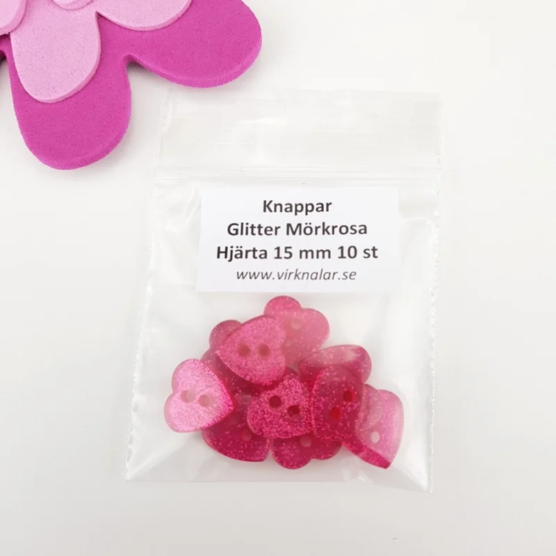Nedsatt pris Knappar plastknappar Mörkrosa Hjärtan Glitter 15 mm 10 st