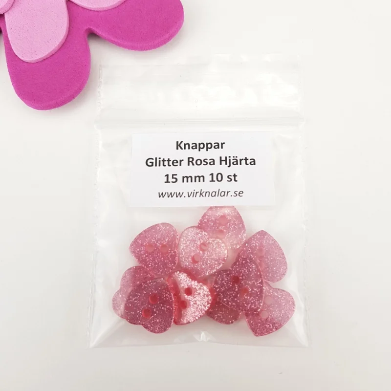 Köp online Knappar plastknappar Ljus Rosa Hjärtan Glitter 15 mm 10 st