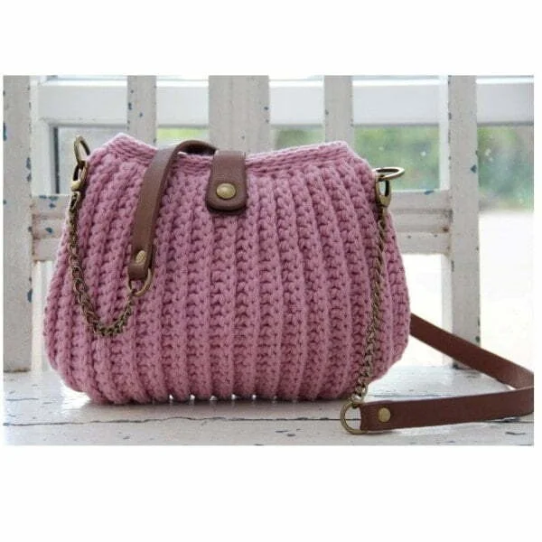 Materialkit Virka Väska Lilla Rib Stitch MörkRosa m bruna detaljer Utförsäljning