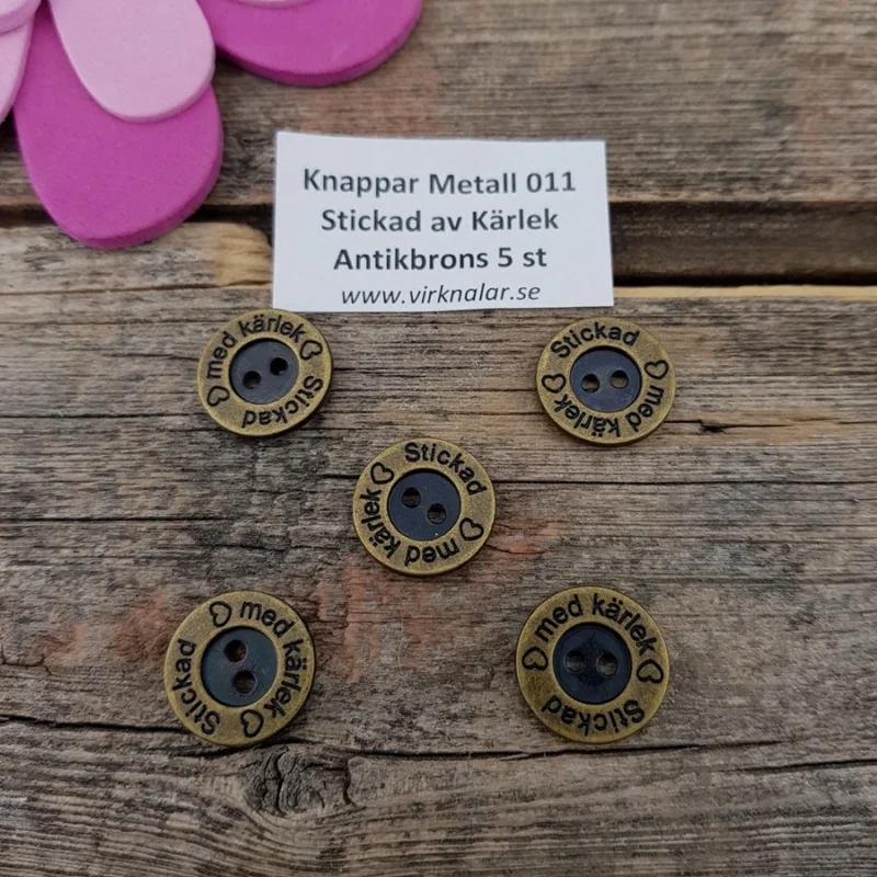 MetallknapparAntikbrons Stickad av Kärlek 15 mm 5 st 011 Endast idag