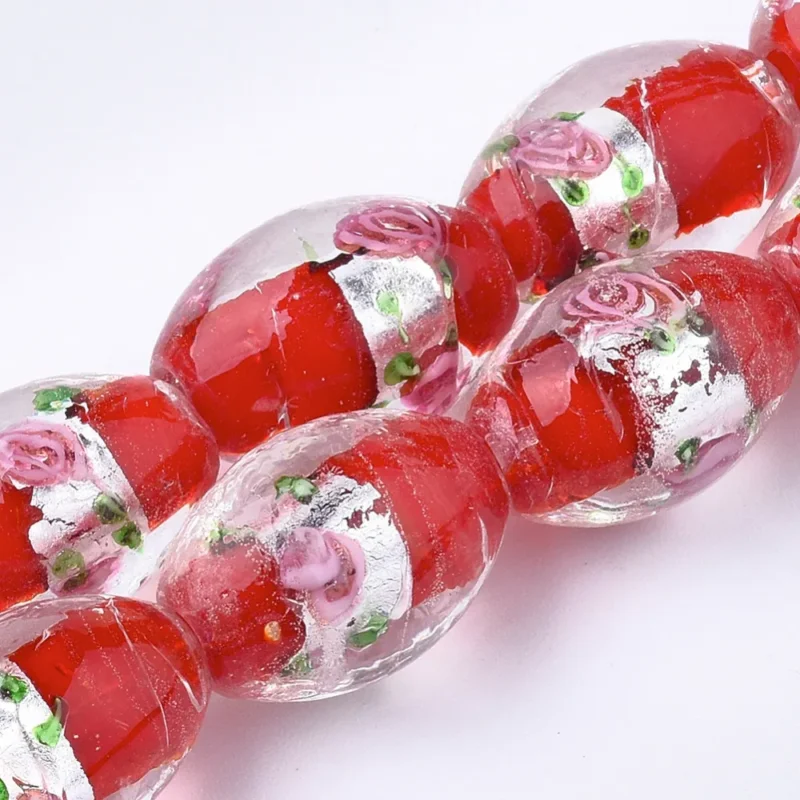 Lampwork, Glaspärlor, Silverfoil, 5st, Oval med Blomma, Red Endast denna vecka
