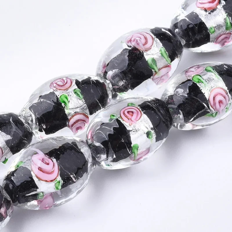 Handla nu Lampwork, Glaspärlor, Silverfoil, 5st, Oval med Blomma, Black
