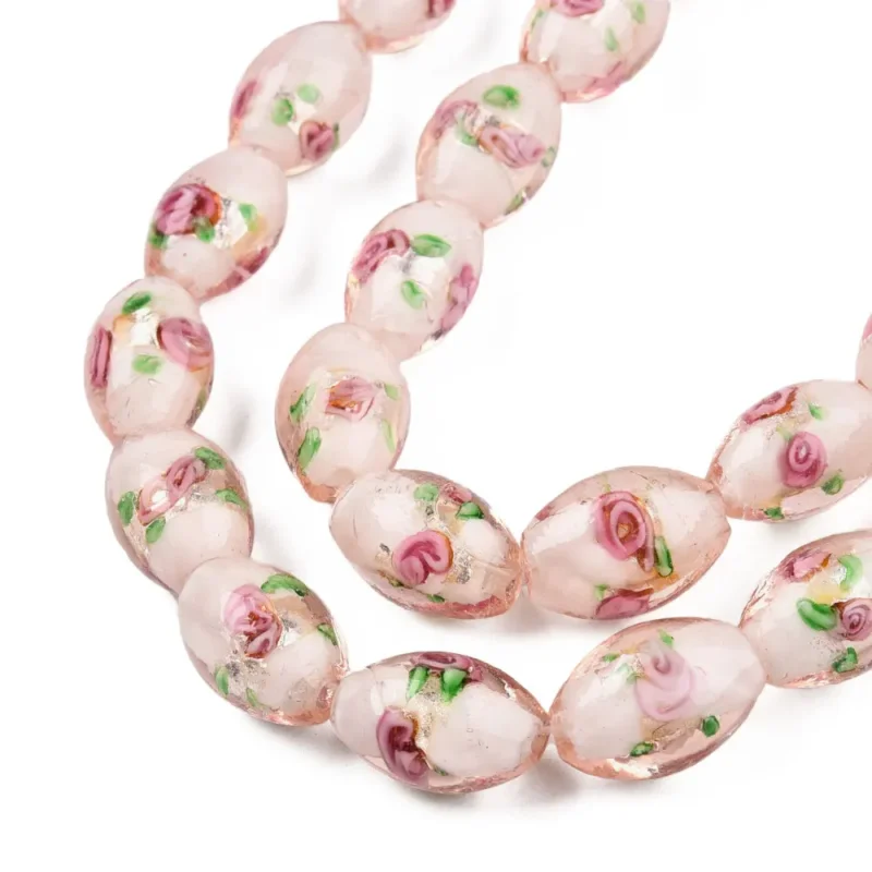 Bästa pris Lampwork, Glaspärlor, Silverfoil, 5st, Oval med Blomma, Pink