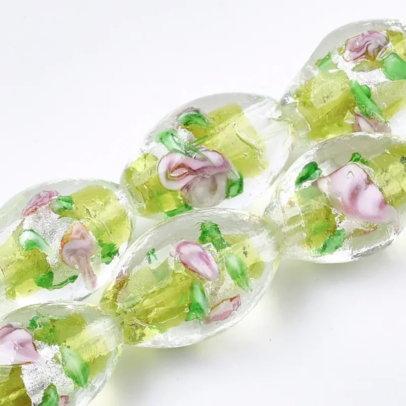 Lampwork, Glaspärlor, Silverfoil, 5st, Oval med Blomma, Green Yellow Köp nu