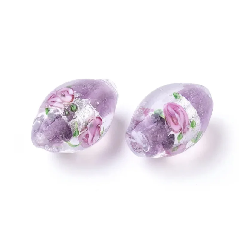 Snabb frakt Lampwork, Glaspärlor, Silverfoil, 5st, Oval med Blomma, Medium Purple