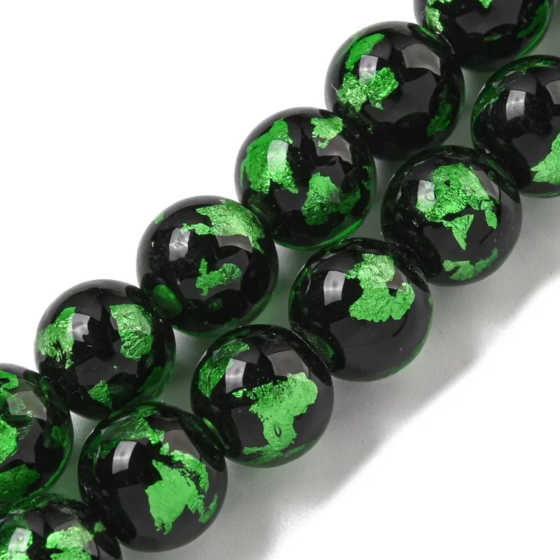Lampwork, Glaspärlor, 2st, Silver/Gold Foil, Lawn Green Fri frakt