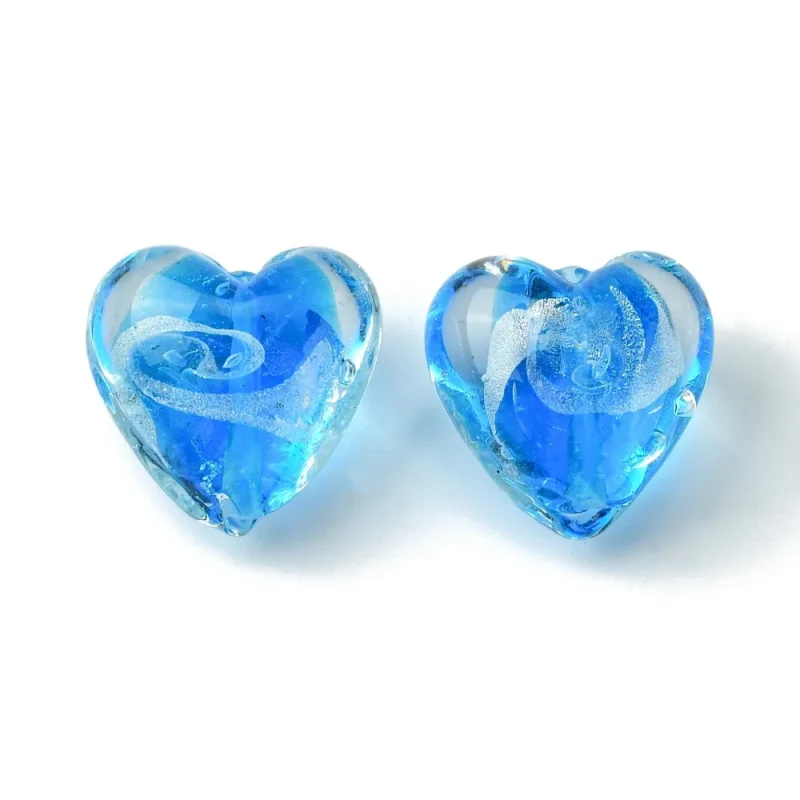 Rabatter Lampwork, Glaspärlor, Hjärtan, 5st, Silver Foil, Dodger Blue