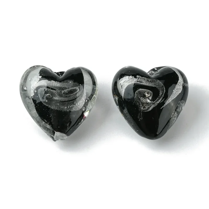 Lampwork, Glaspärlor, Hjärtan, 5st, Silver Foil, Black Lågt pris