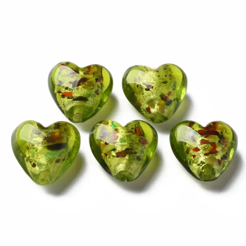 Populär Lampwork, Glaspärlor, Hjärtan, 28st, Silver Foil, Green