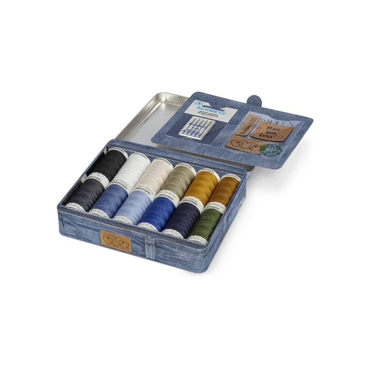 JEANSTRÅDBOX - DENIM MED NÅLAR OCH ETIKETTER Beställ idag